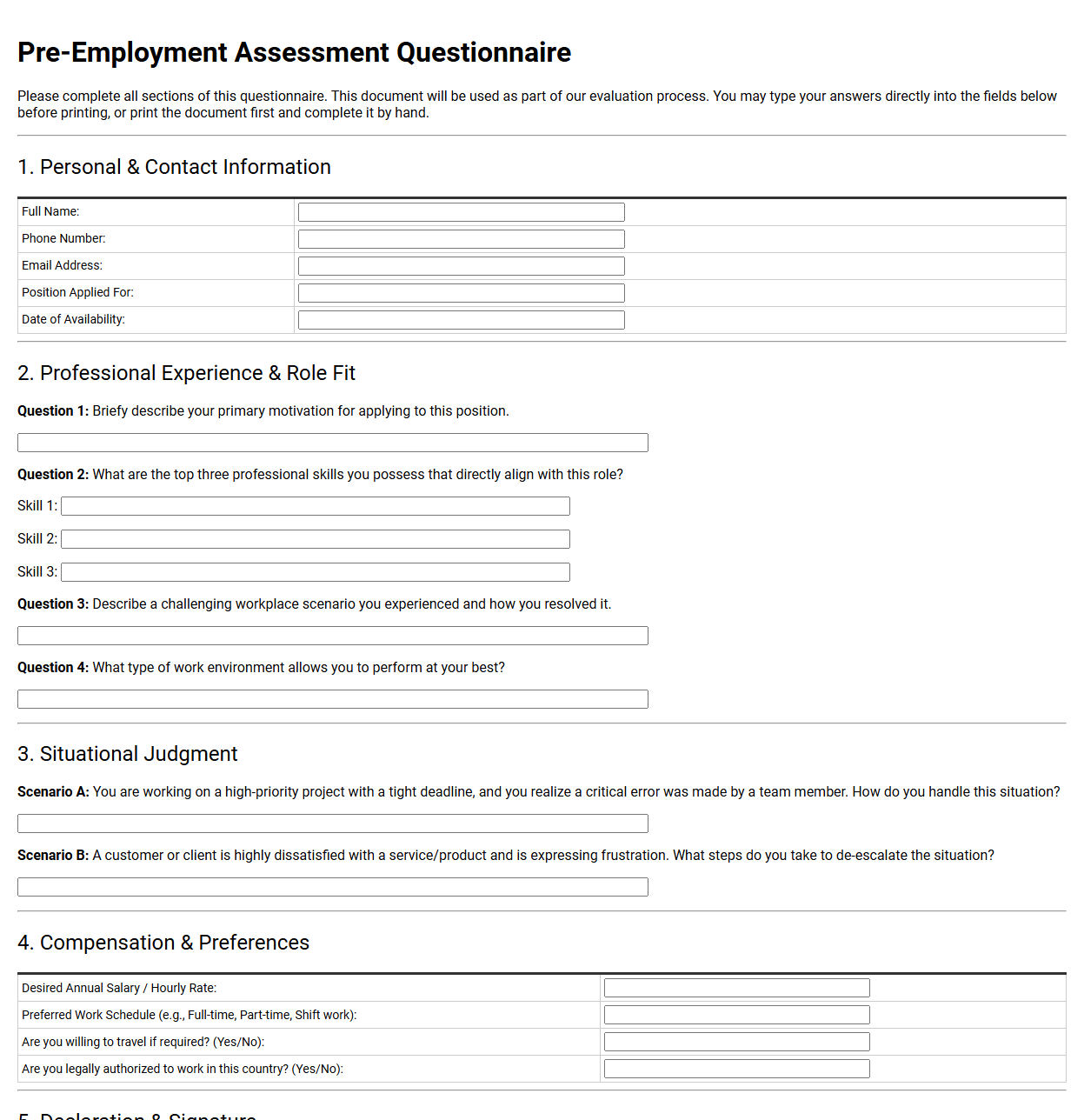 Pre Employment Assessment Questionnaire