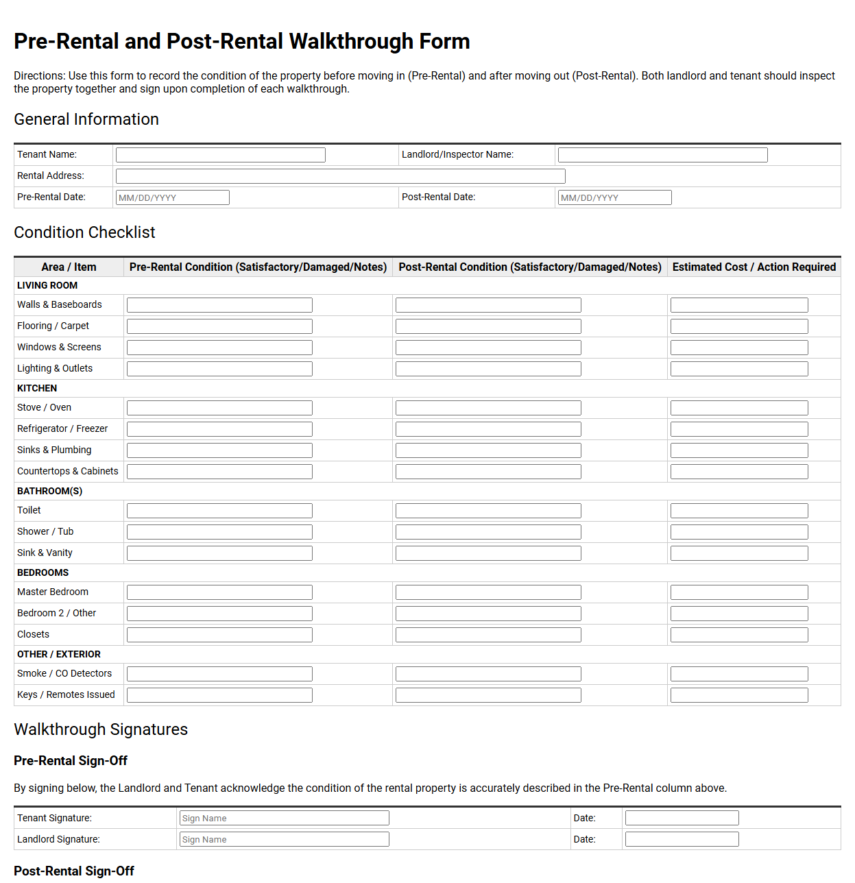 Pre-Rental and Post-Rental Walkthrough Form