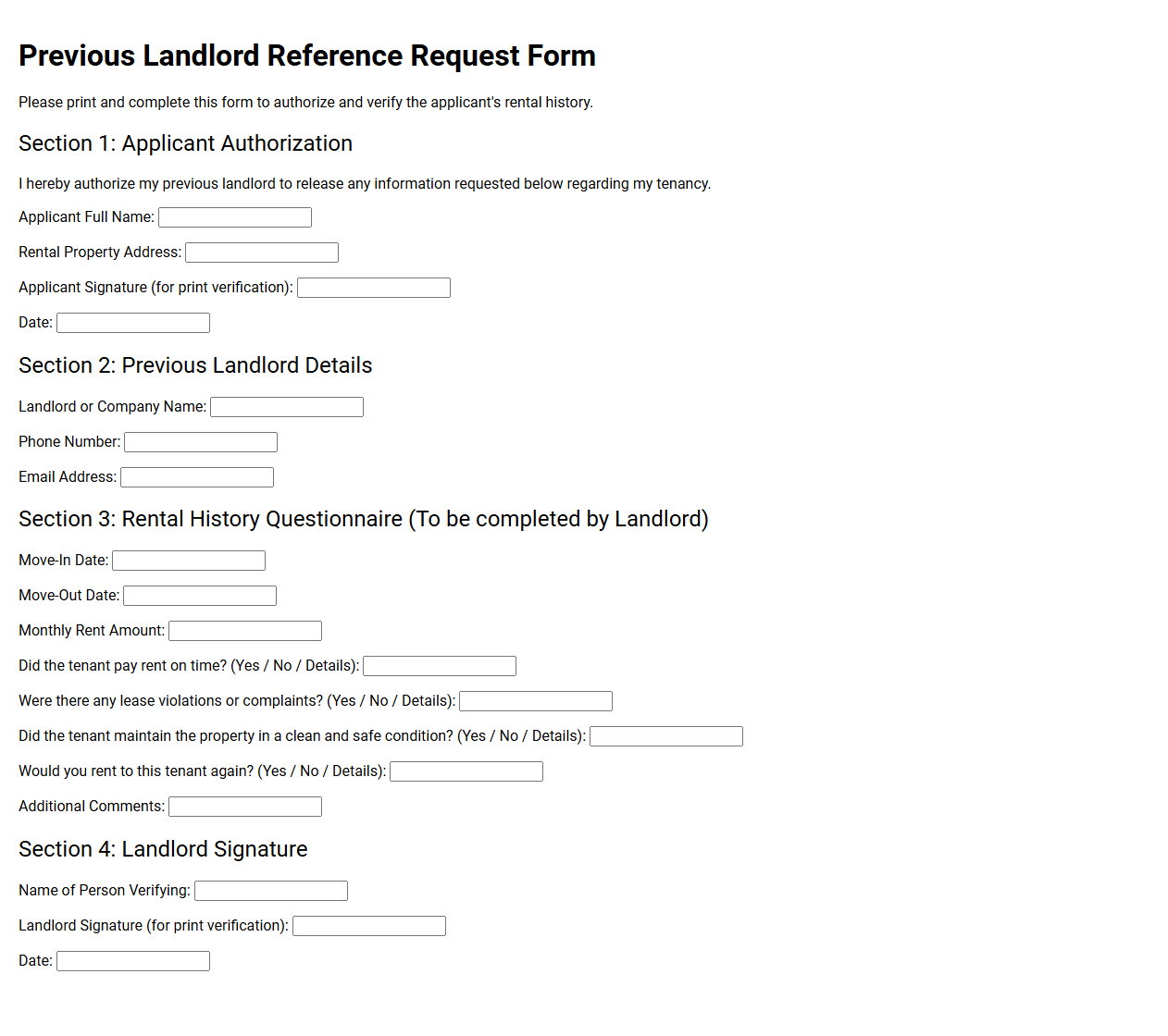 Previous Landlord Reference Request Form