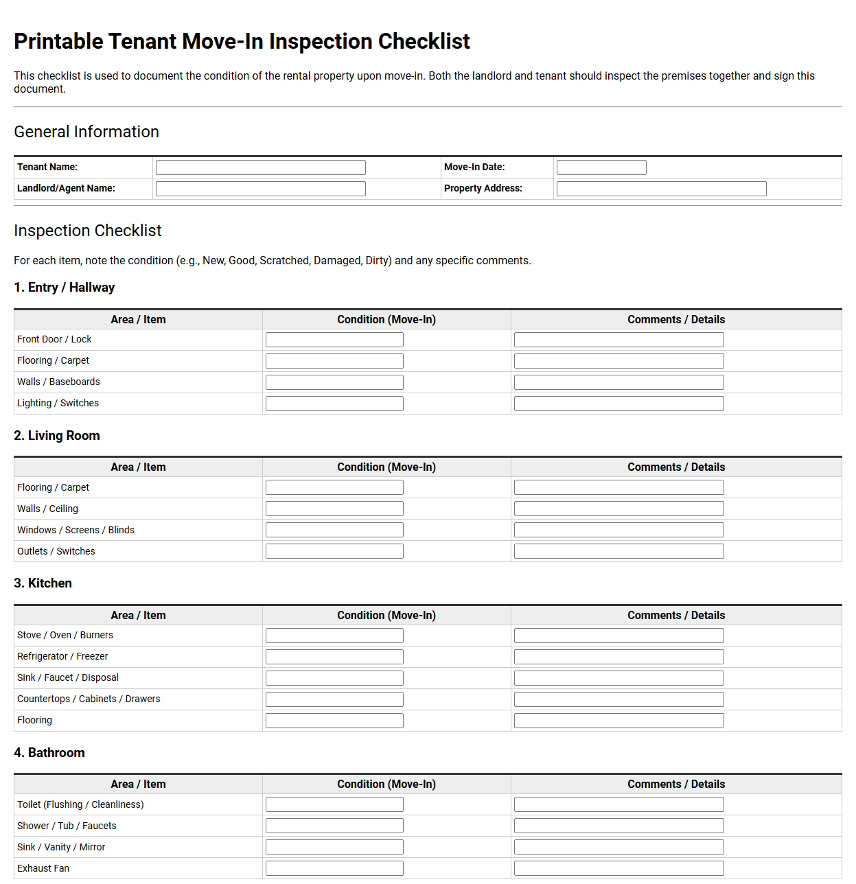 Printable Tenant Move In Inspection Checklist