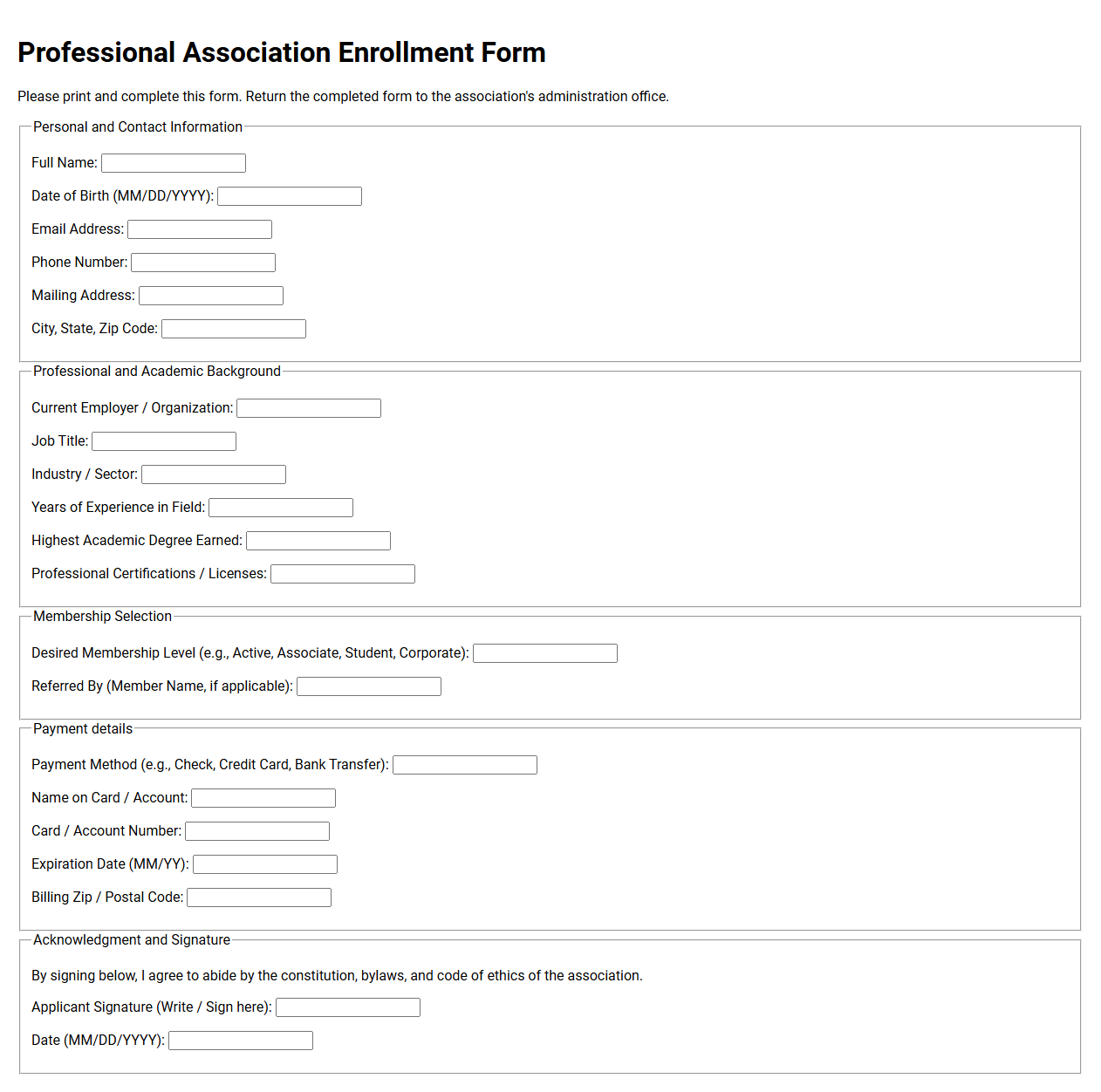 Professional Association Enrollment Form Template