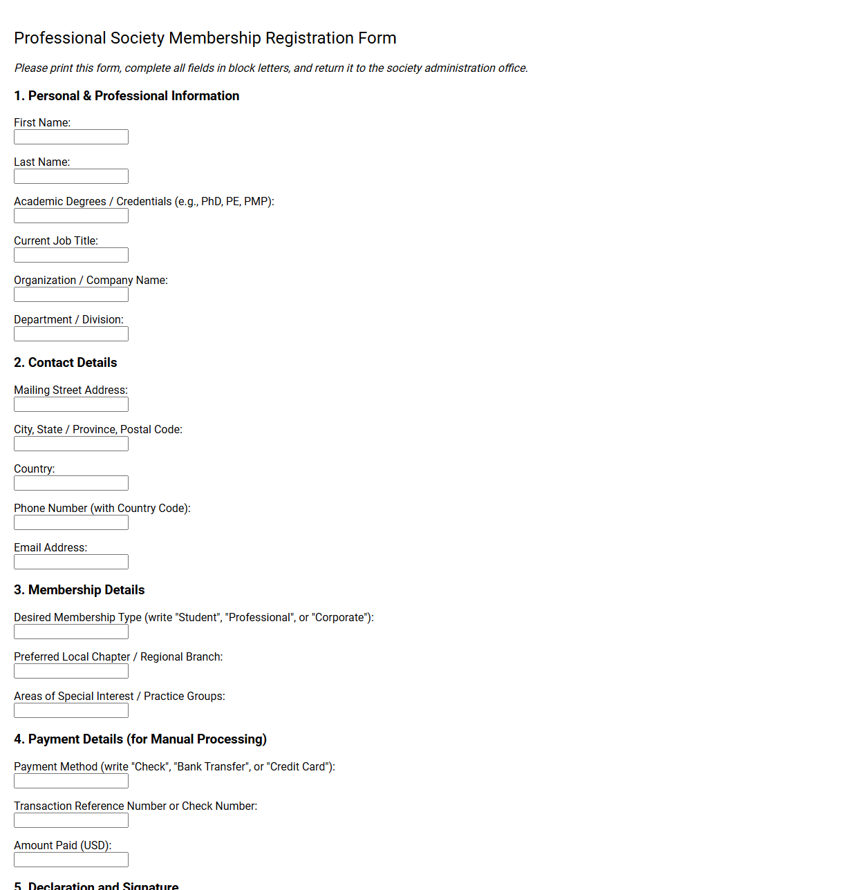 Professional Society Membership Registration Form