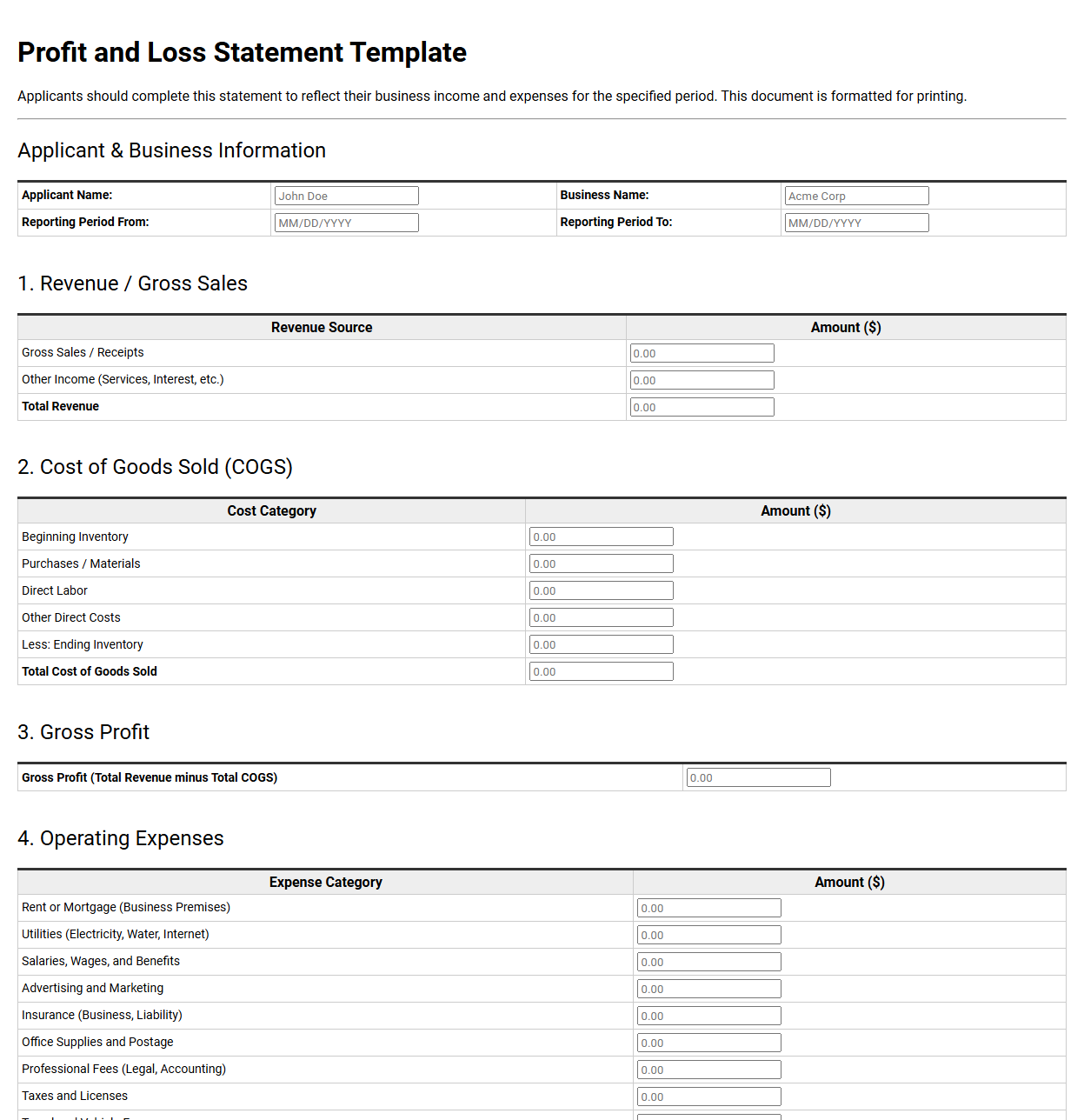 Profit and Loss Statement Template for Applicants