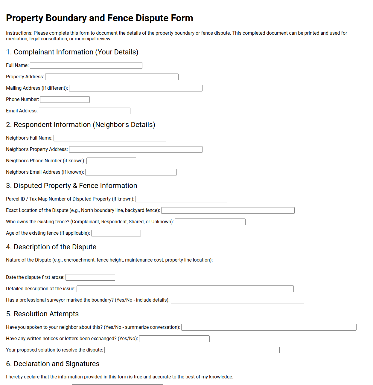 Property Boundary and Fence Dispute Form