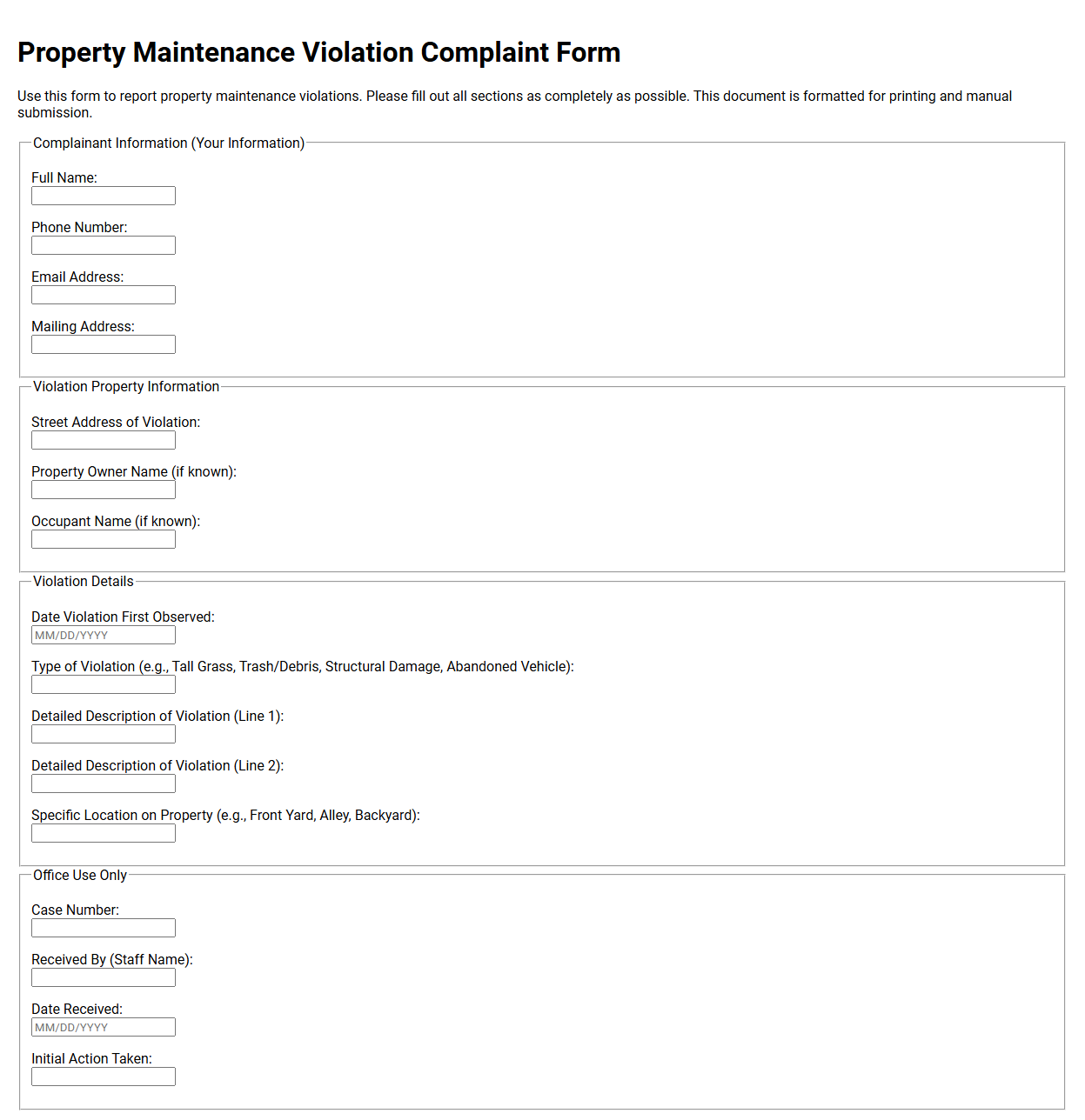 Property Maintenance Violation Complaint Template