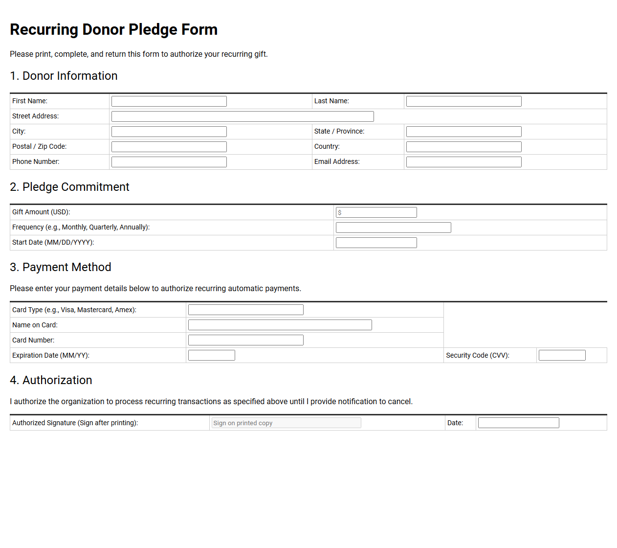 Recurring Donor Pledge Form