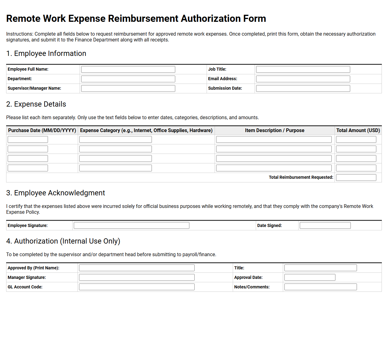 Remote Work Expense Reimbursement Authorization Form