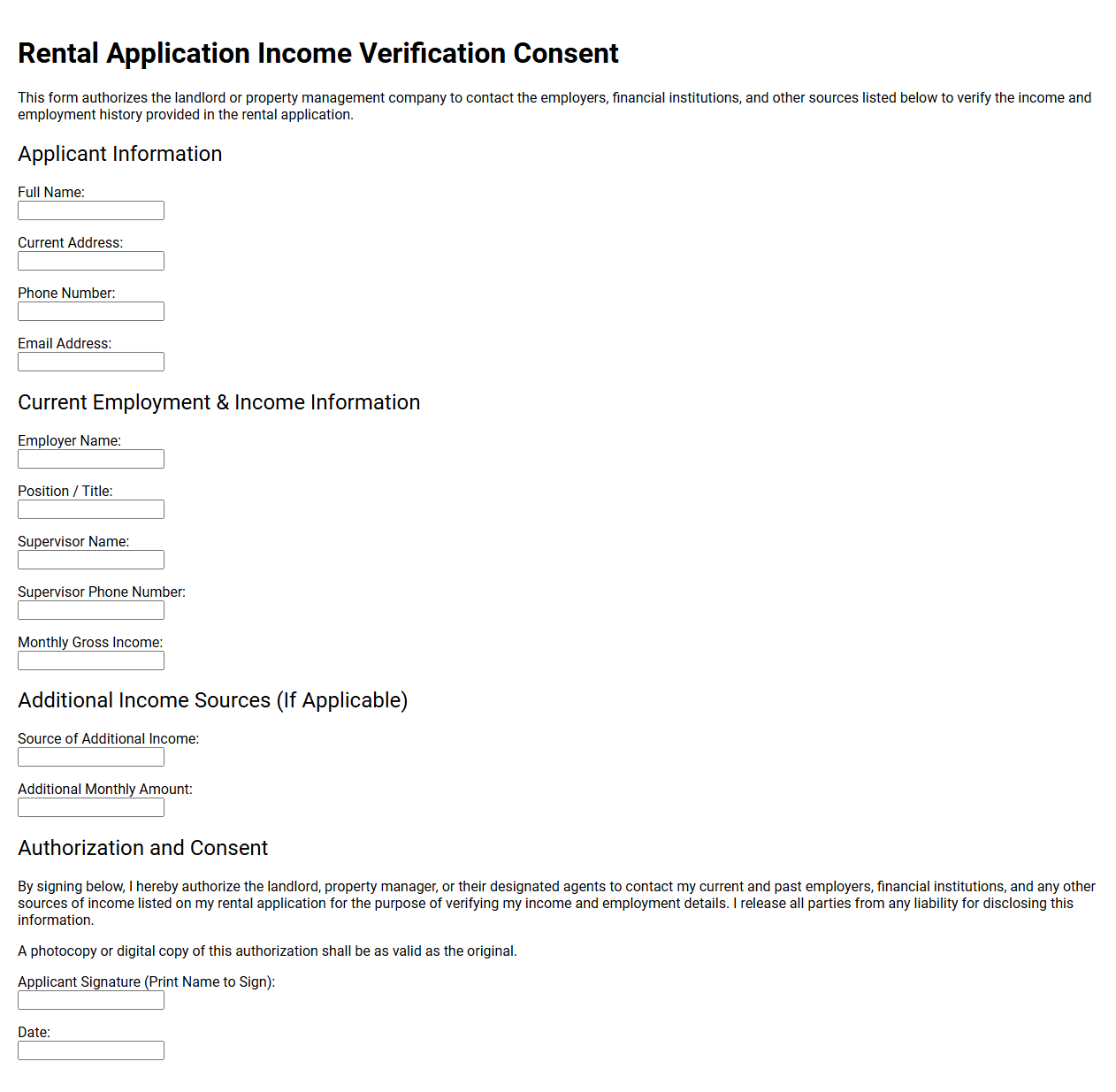 Rental Application Income Verification Consent