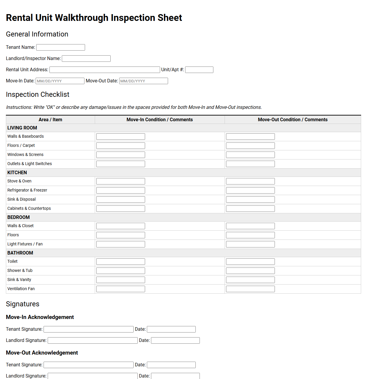 Rental Unit Walkthrough Inspection Sheet