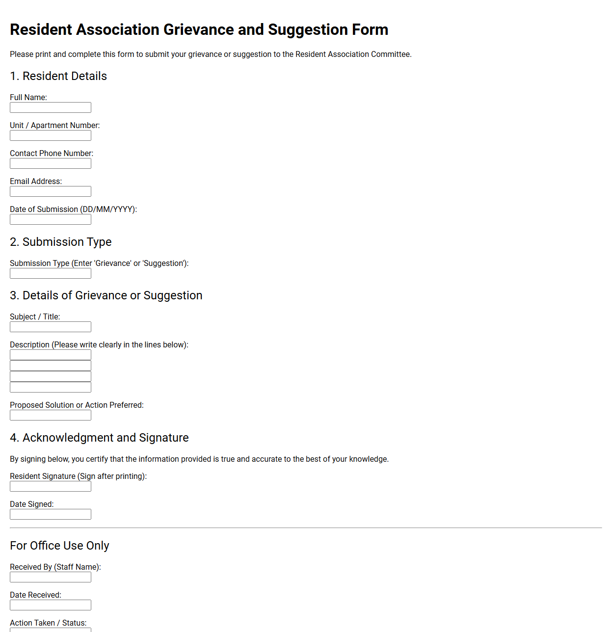 Resident Association Grievance and Suggestion Form