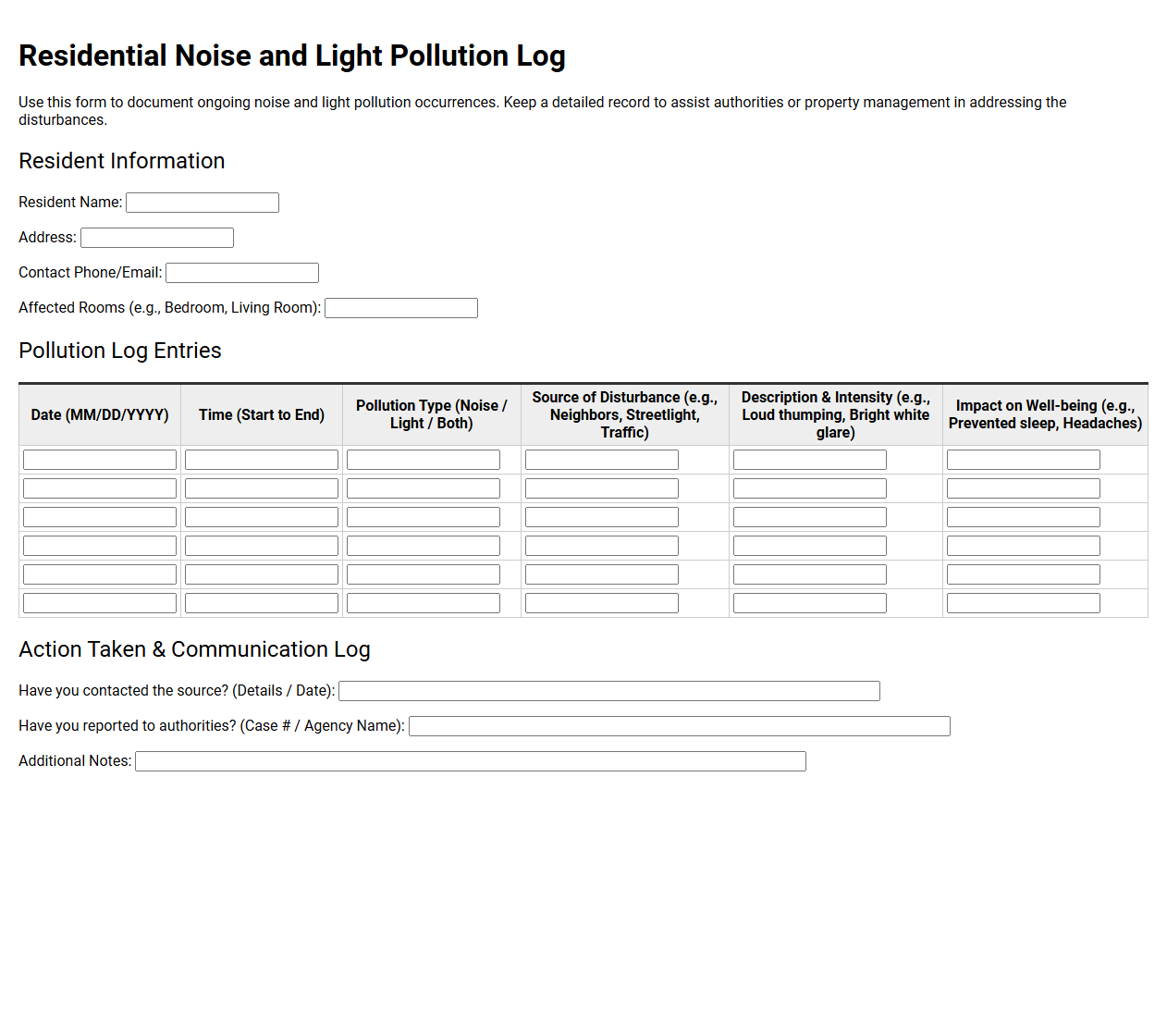 Residential noise and light pollution log form