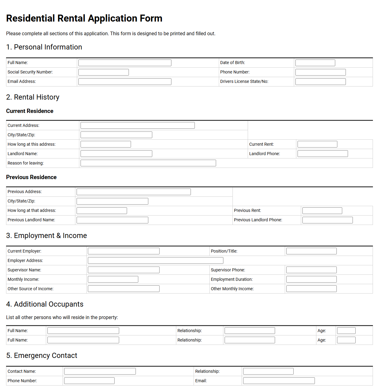 Residential Rental Application Form