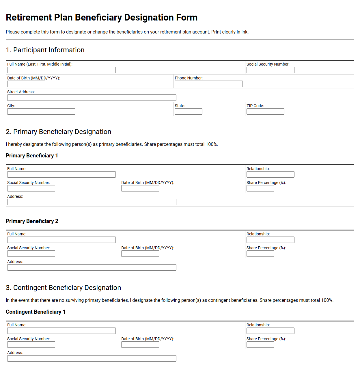 Retirement Plan Beneficiary Designation Form