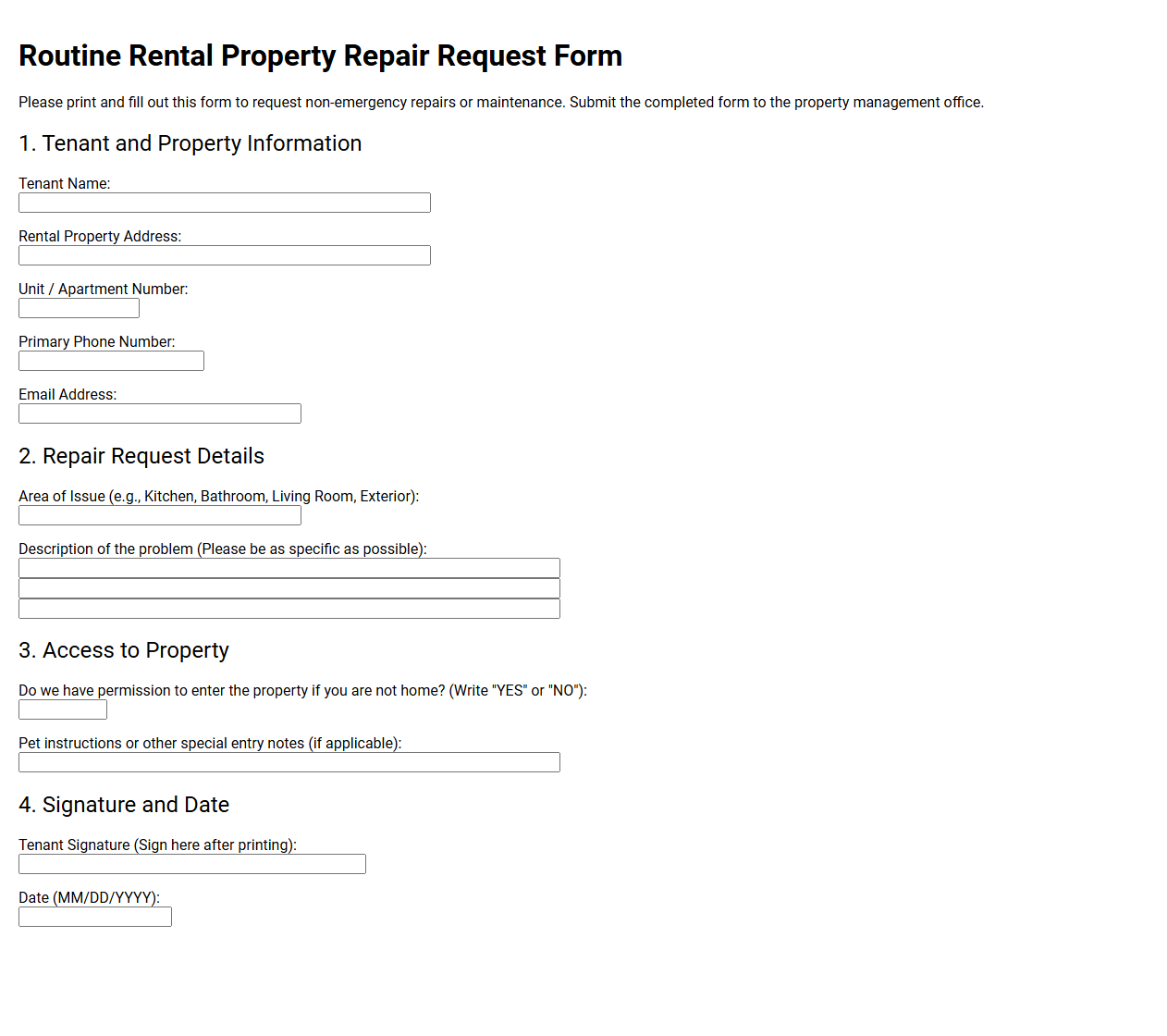 Routine Rental Property Repair Request Form