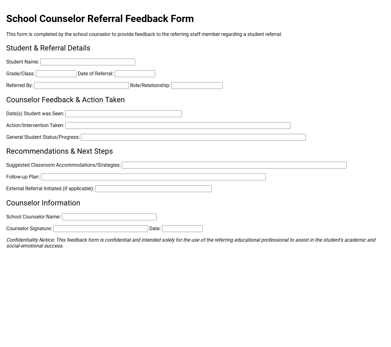School Counselor Referral Feedback Form