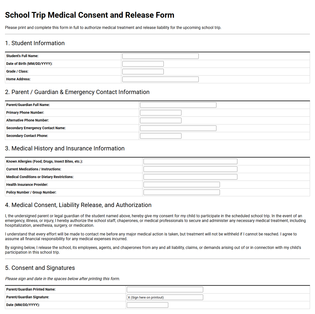 School Trip Medical Consent and Release Form