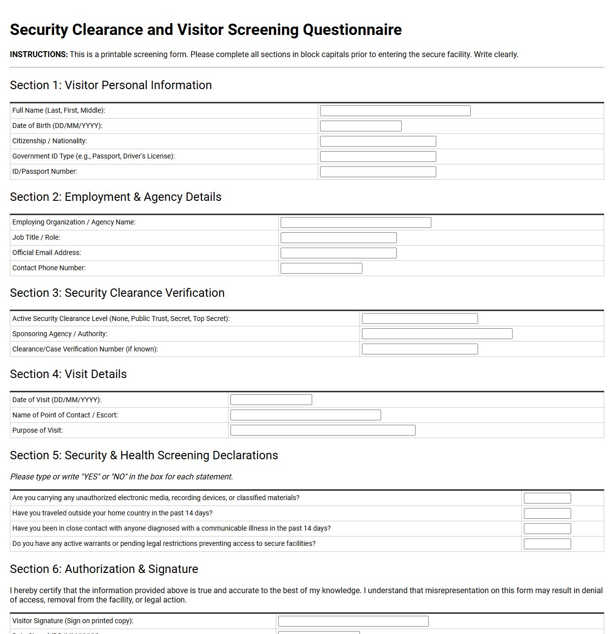 Security Clearance and Visitor Screening Questionnaire