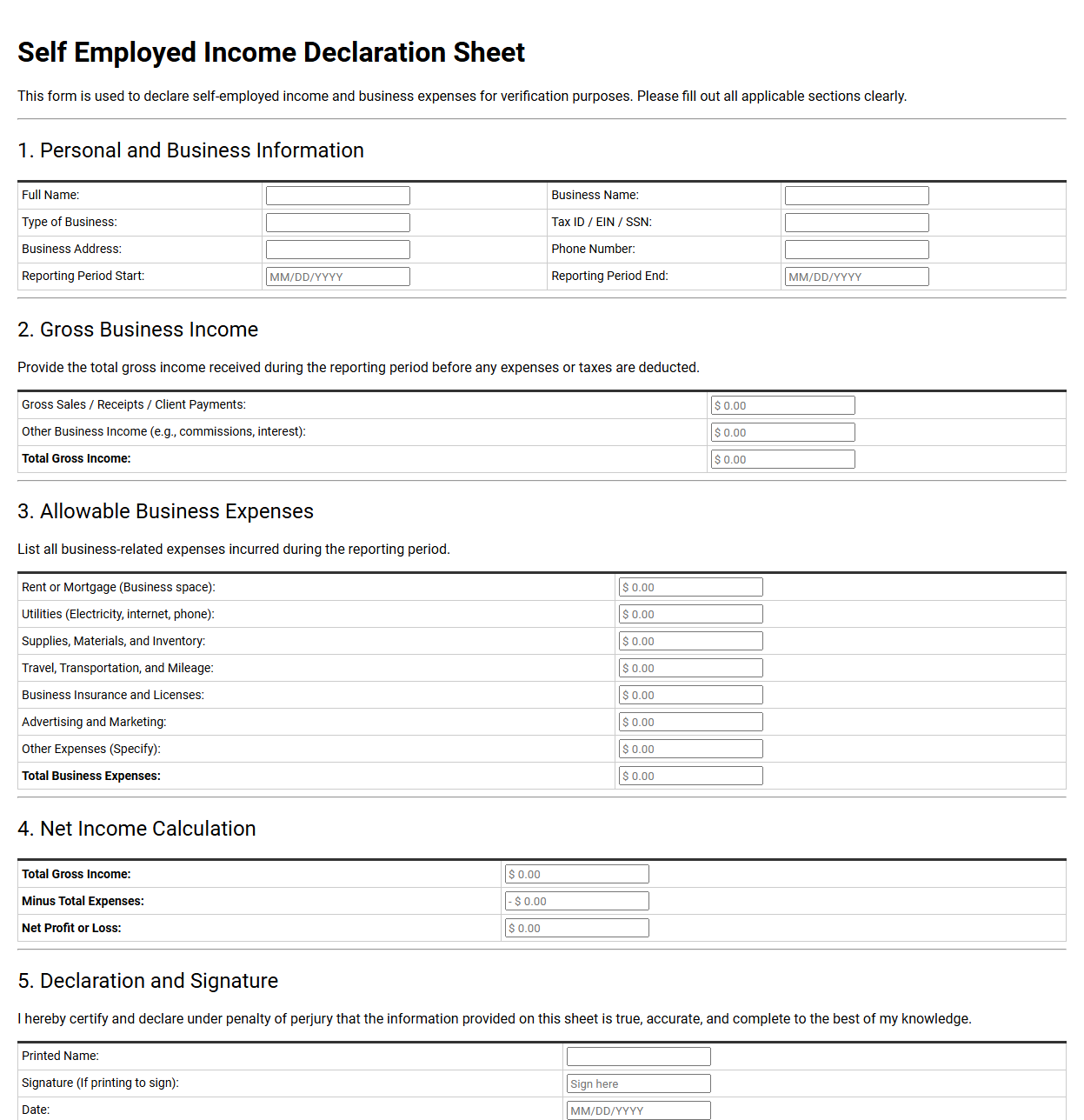 Self Employed Income Declaration Sheet