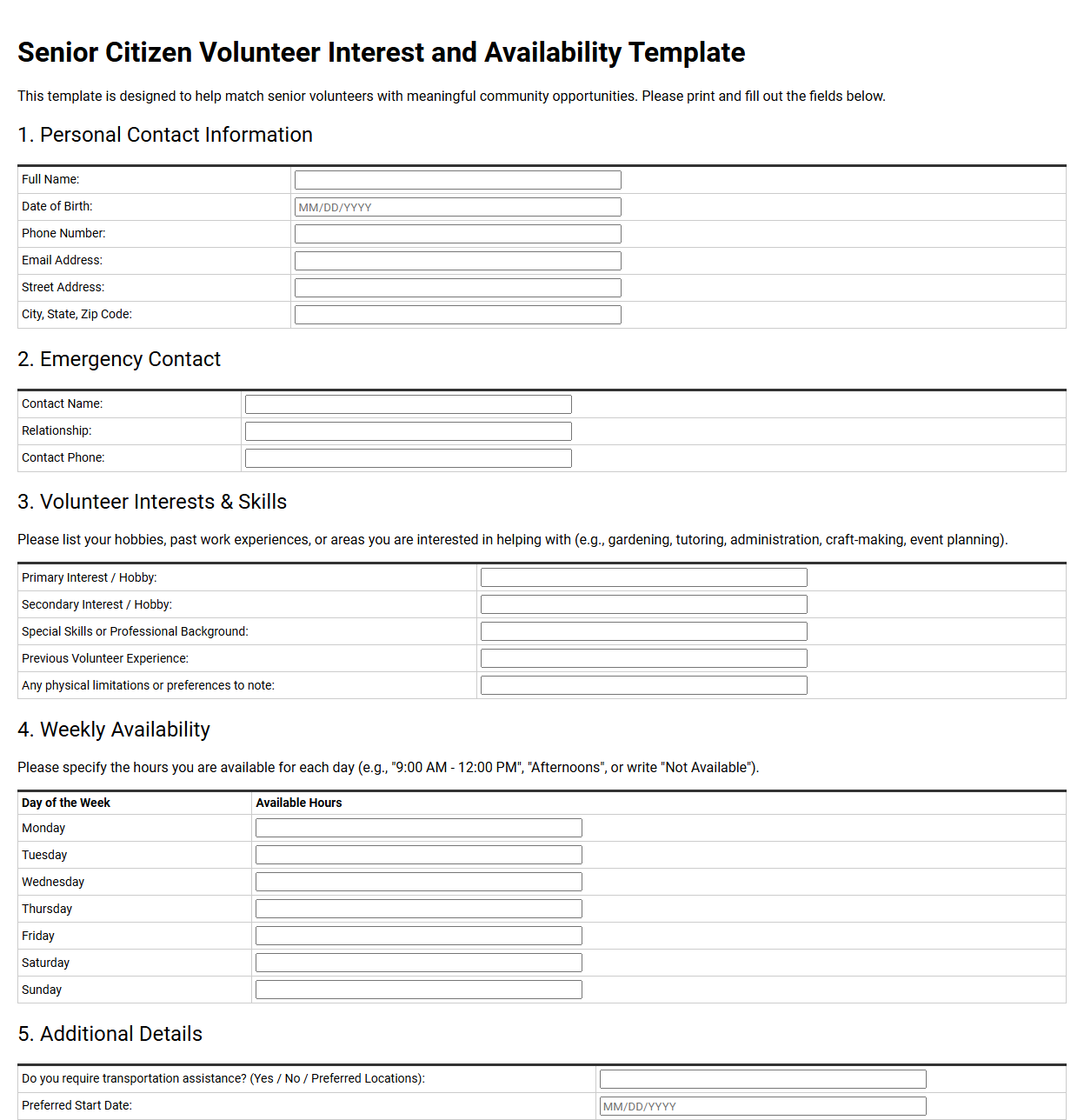 Senior Citizen Volunteer Interest and Availability Template