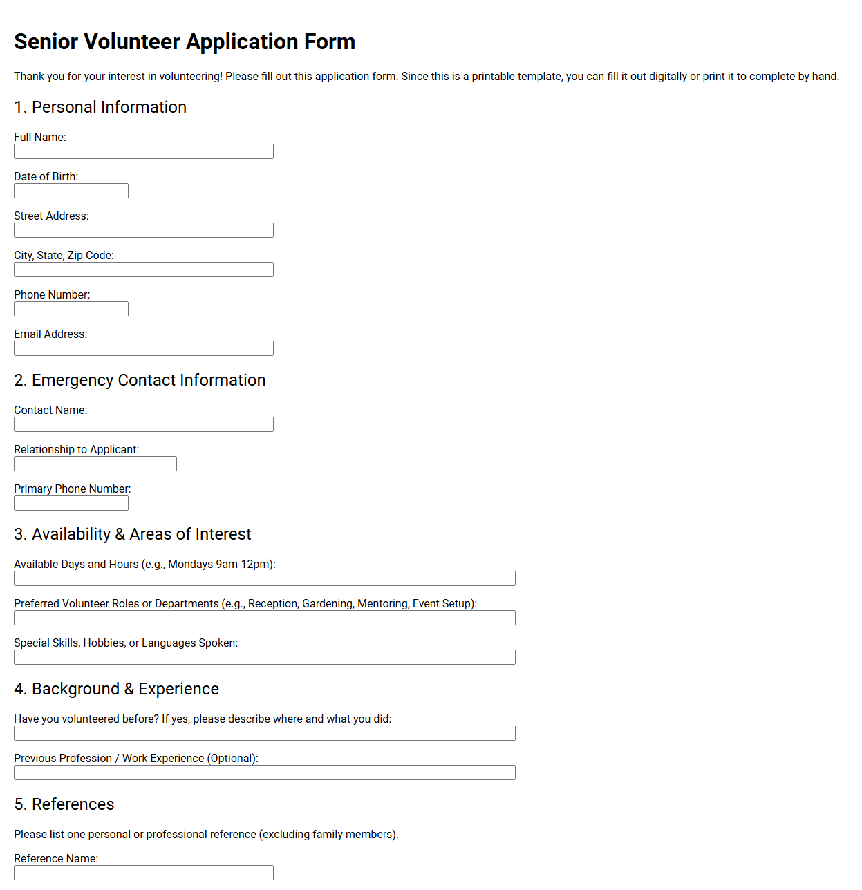Senior Volunteer Application Form Template