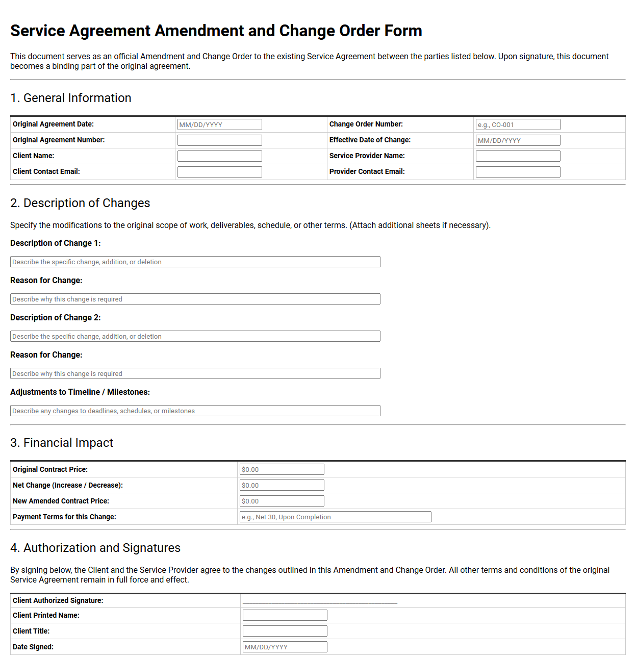 Service Agreement Amendment and Change Order Form
