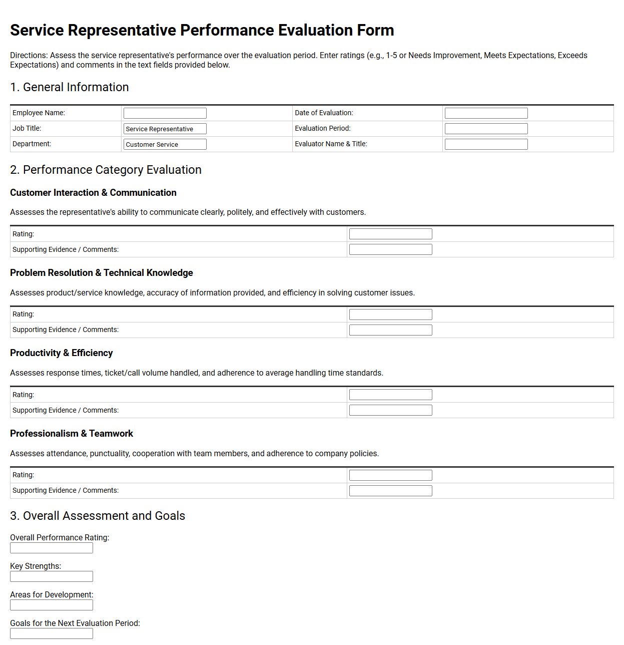 Service Representative Performance Evaluation Form