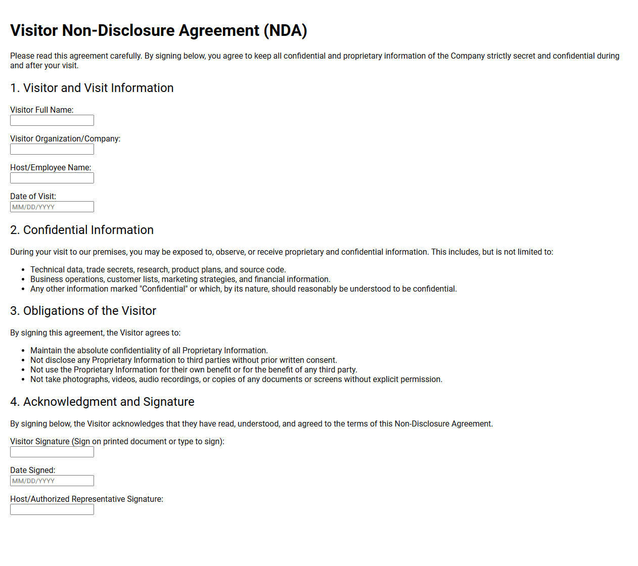 Short Form Visitor Non Disclosure Template