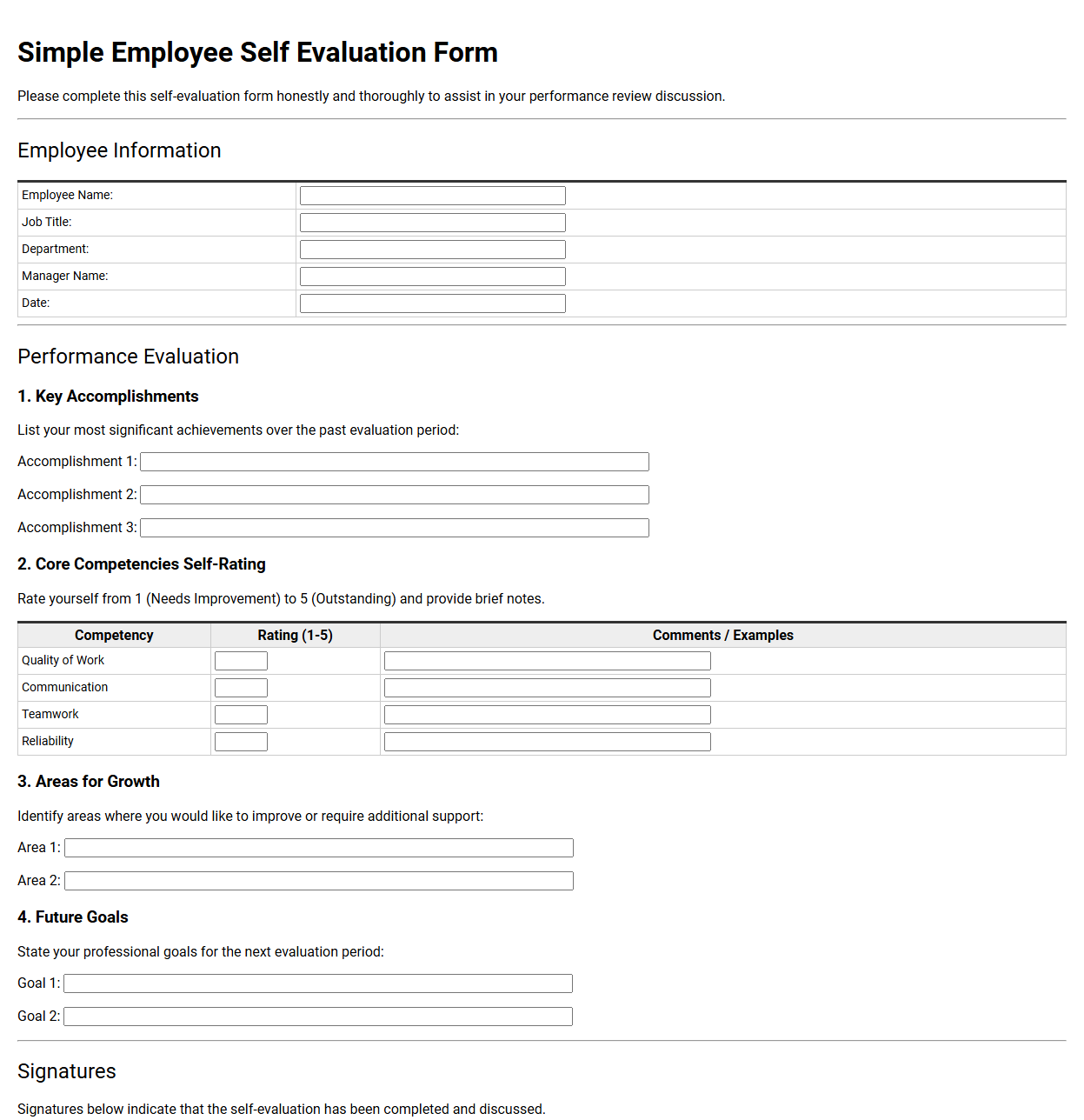 Simple Employee Self Evaluation Form