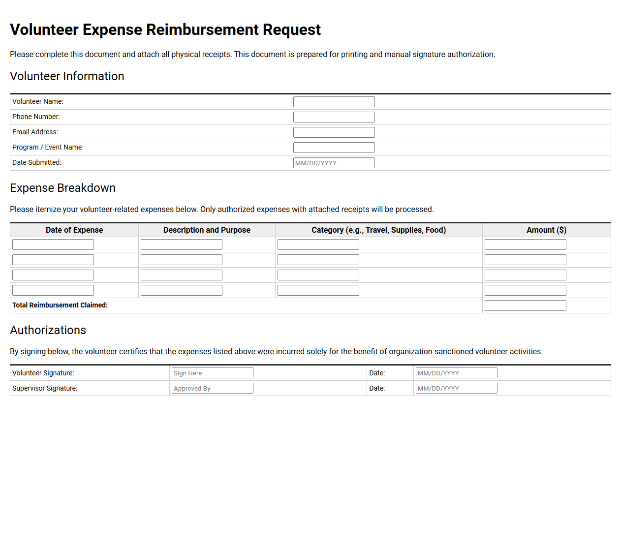 Simple Volunteer Expense Reimbursement Request Document