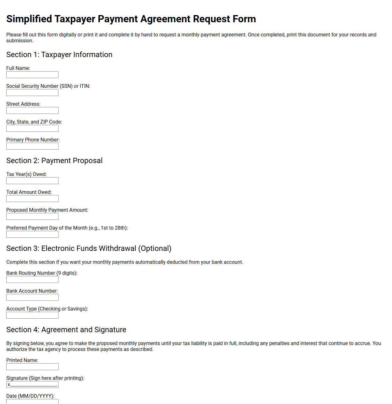 Simplified Taxpayer Payment Agreement Request Form
