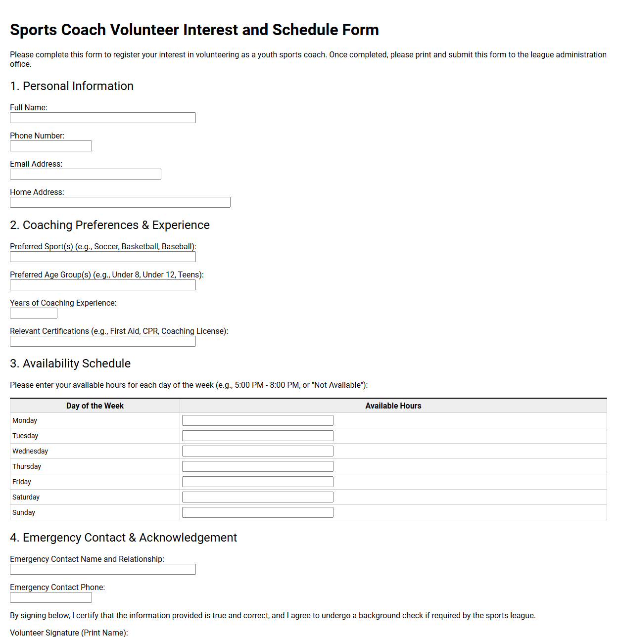 Sports Coach Volunteer Interest and Schedule Form