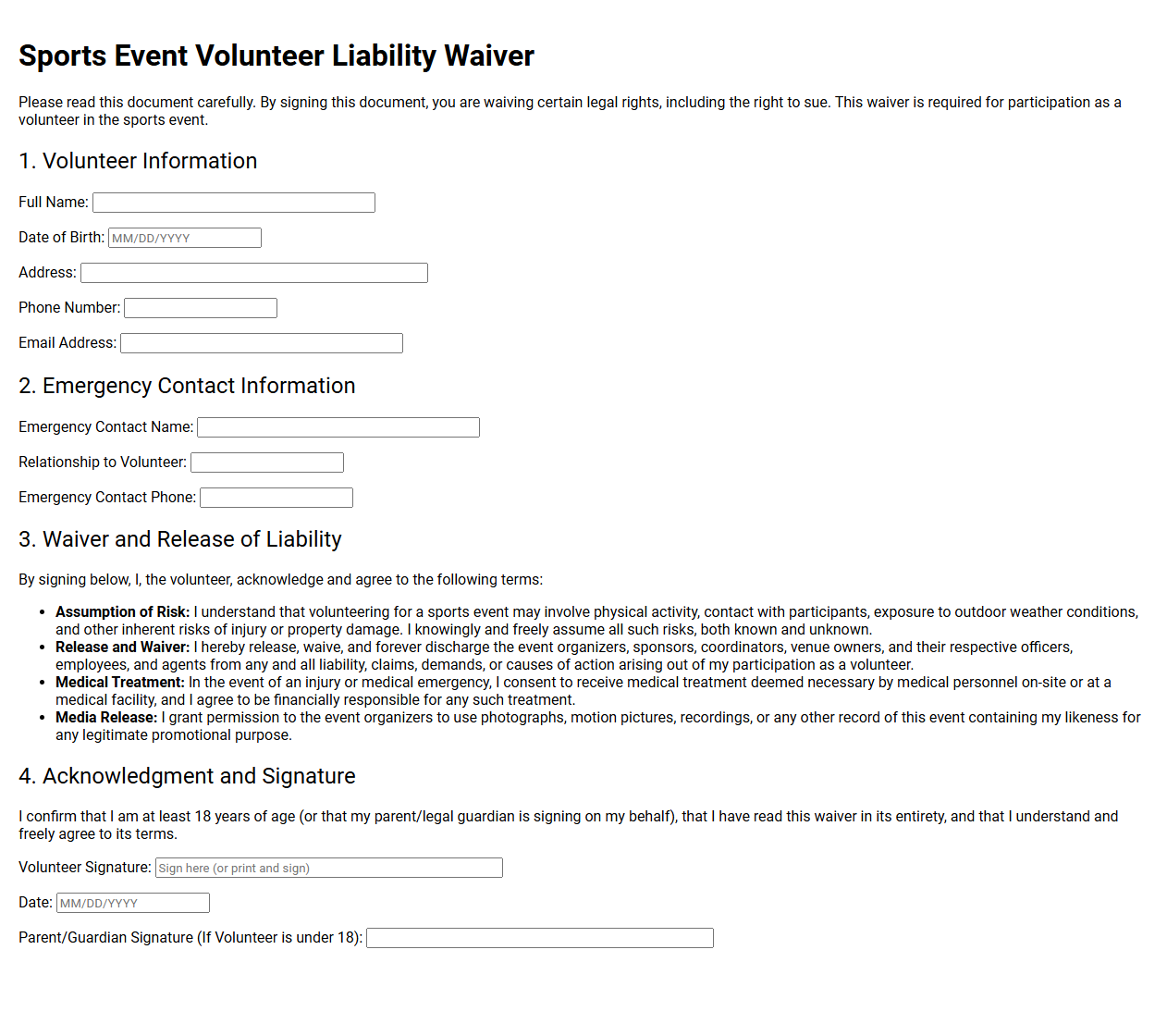 Sports Event Volunteer Liability Waiver