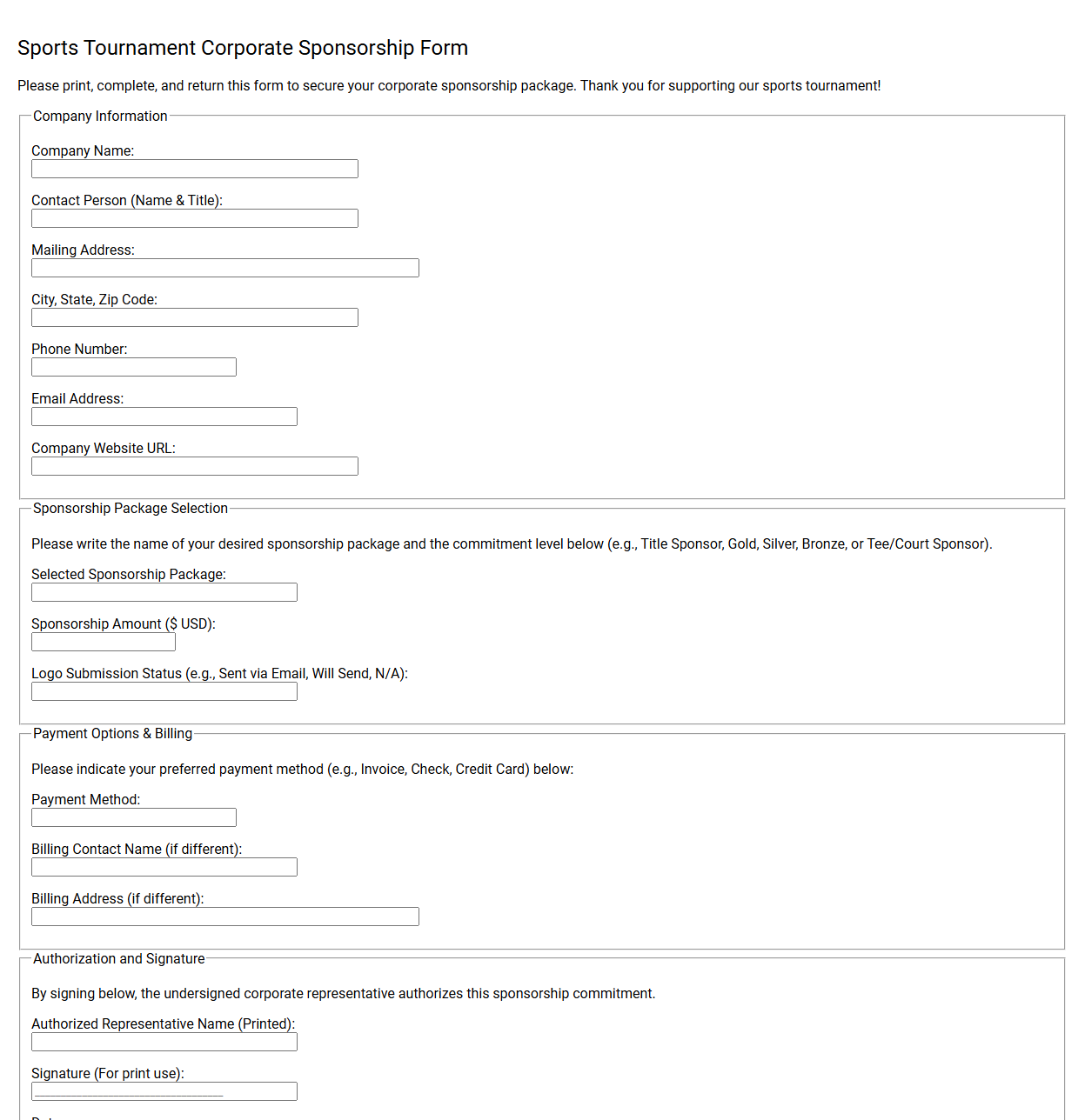 Sports Tournament Corporate Sponsorship Form