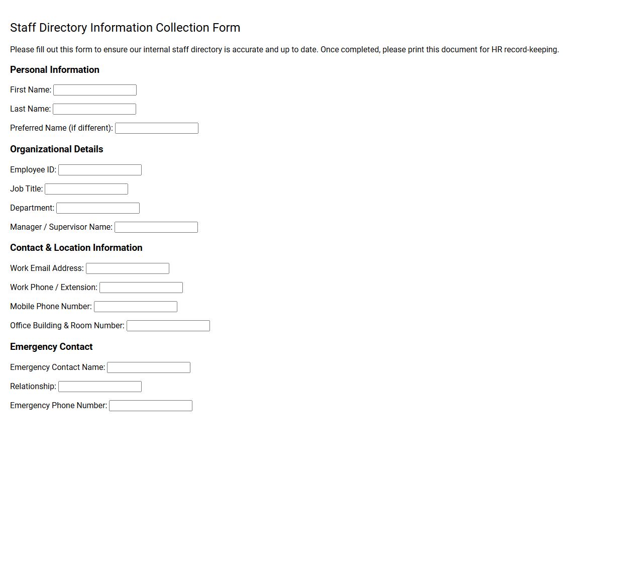 Staff Directory Information Collection Form