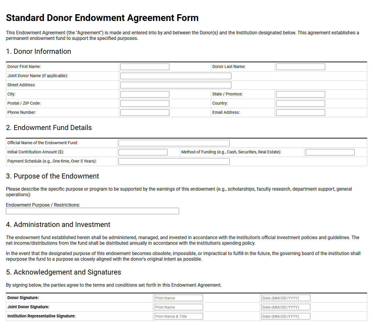 Standard Donor Endowment Agreement Form Template