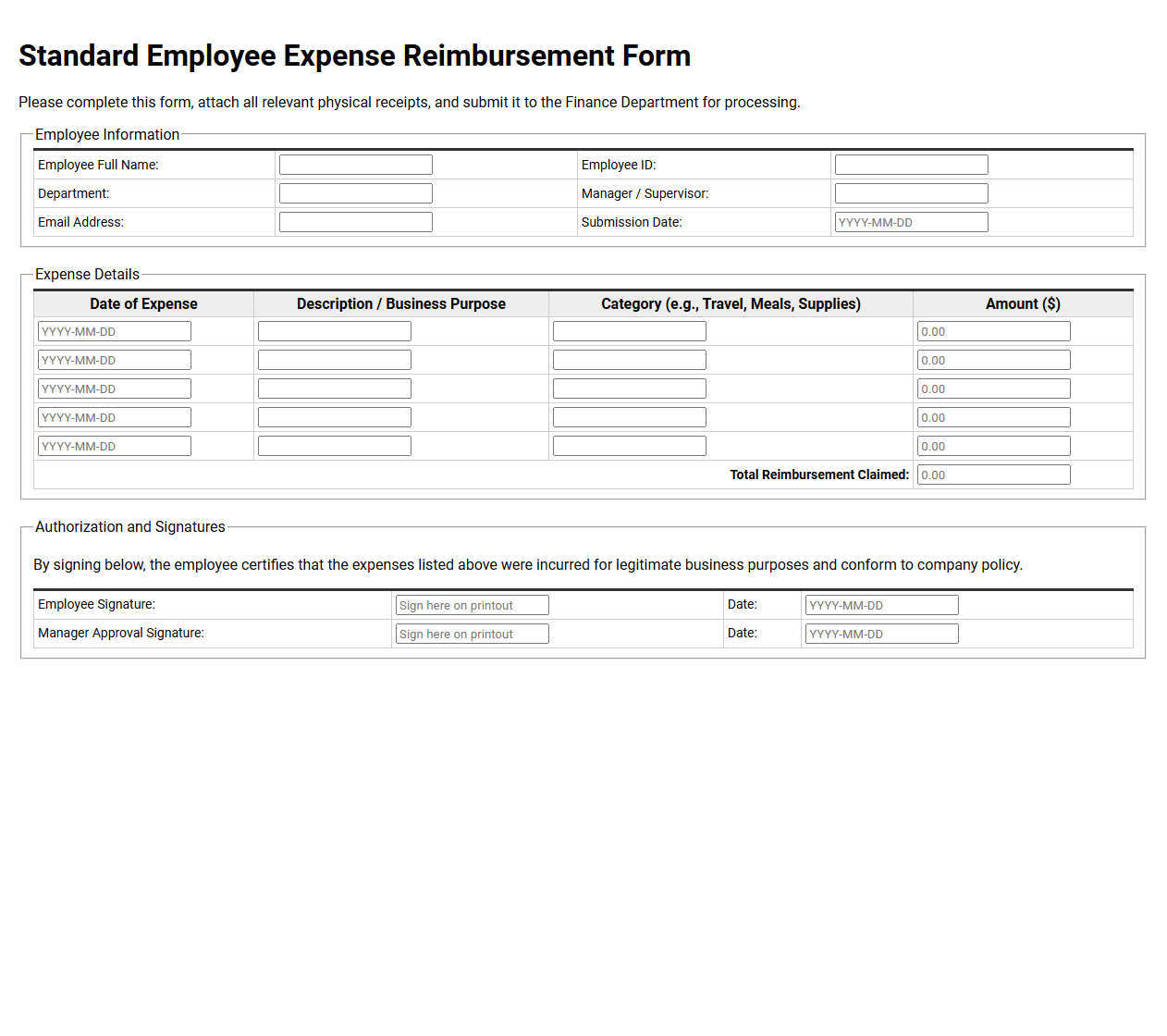 Standard Employee Expense Reimbursement Form
