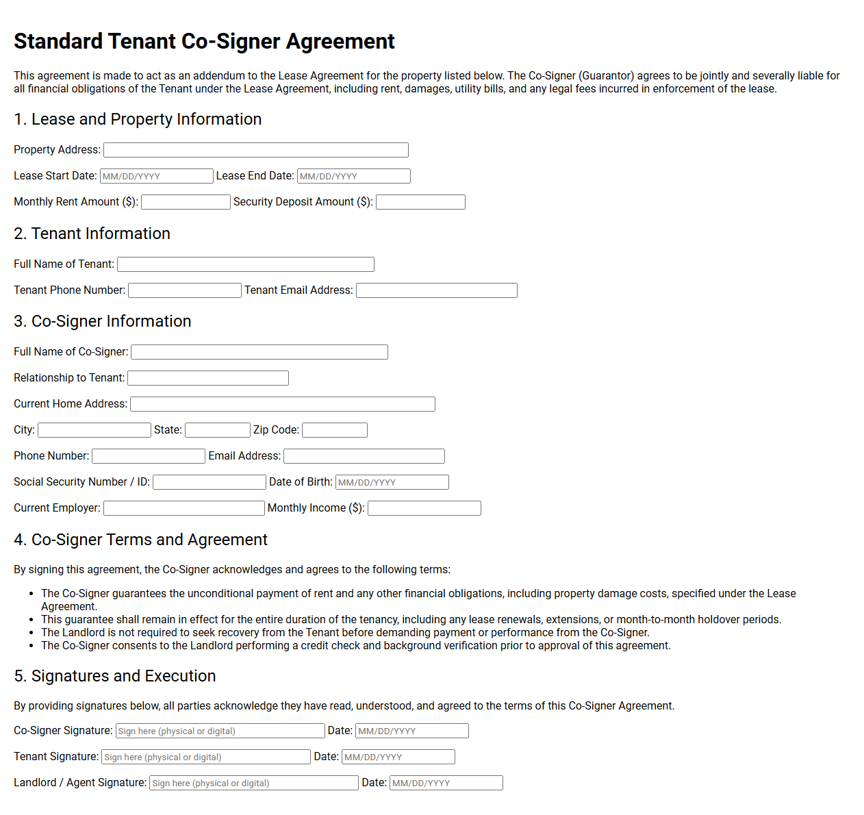 Standard Tenant Co-Signer Agreement Form