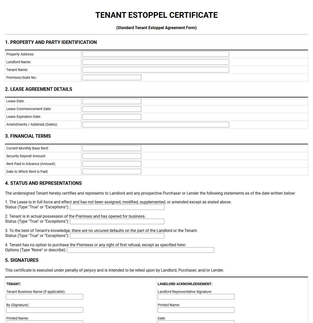 Standard Tenant Estoppel Agreement Form