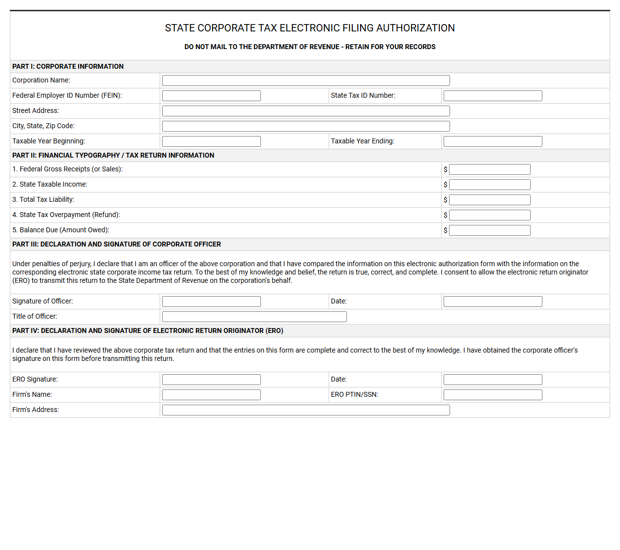 State Corporate Tax Electronic Filing Authorization Form Template