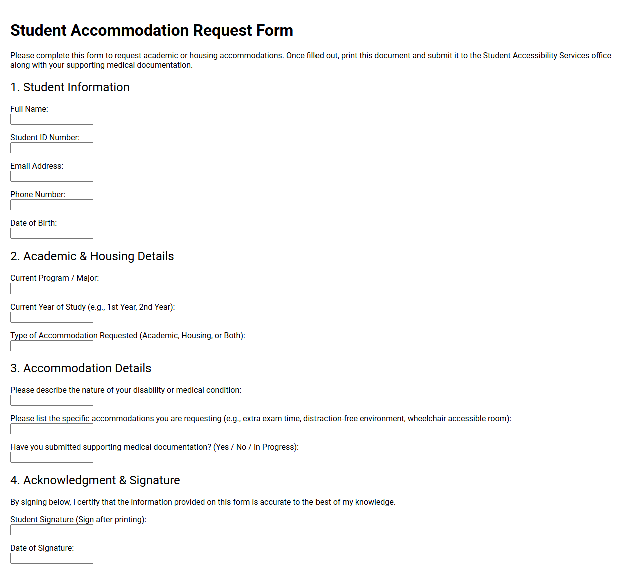 Student Accommodation Request Form