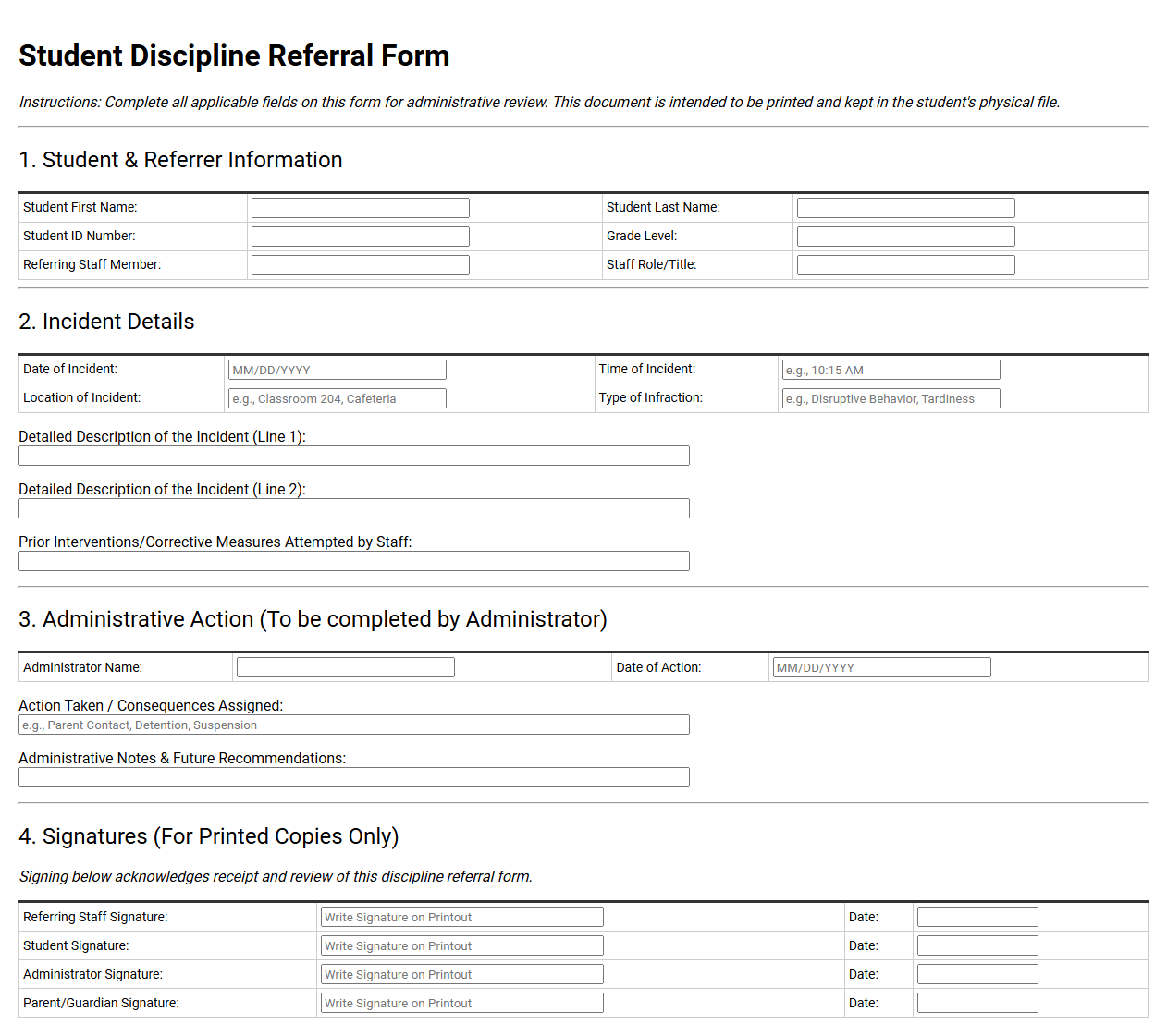 Student Discipline Referral Form