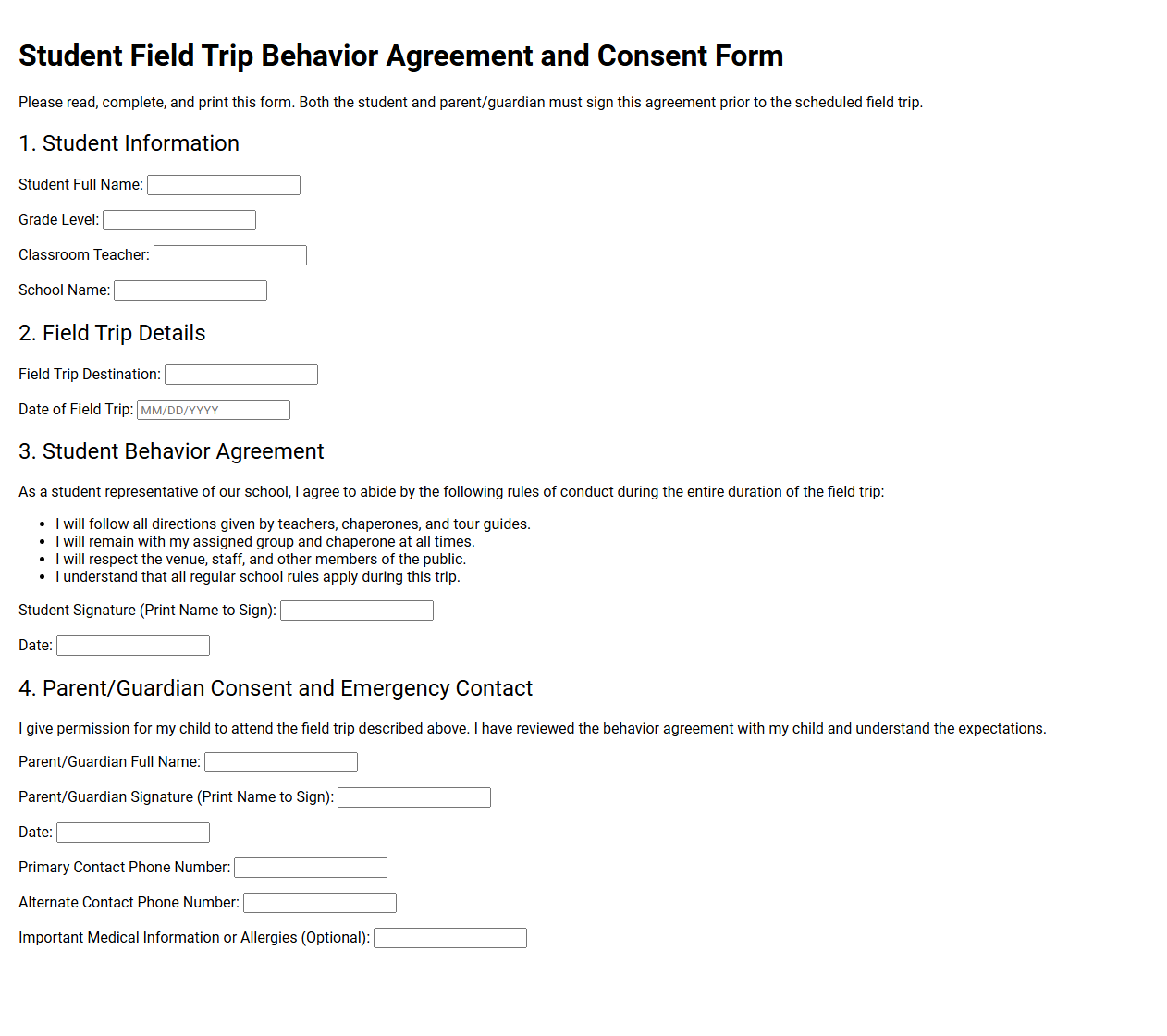 Student Field Trip Behavior Agreement and Consent Form