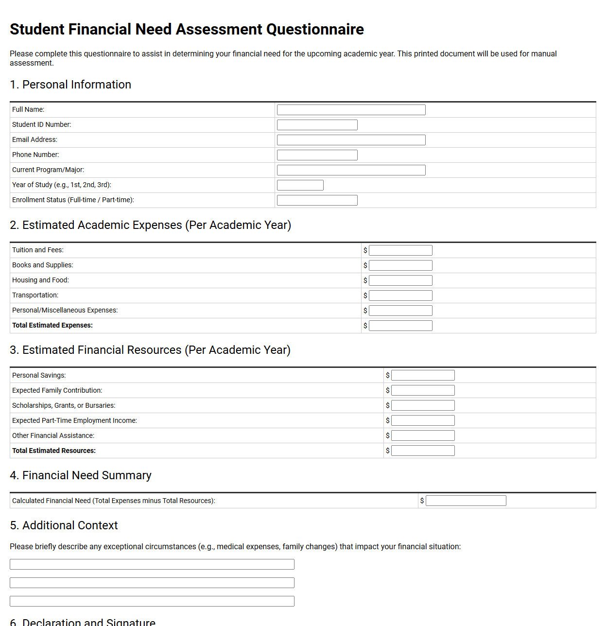 Student Financial Need Assessment Questionnaire