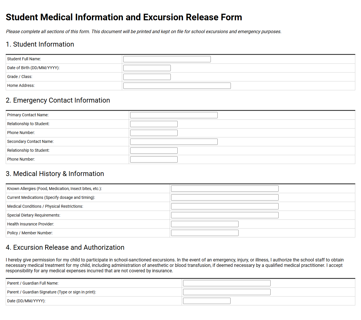 Student Medical Information and Excursion Release Form