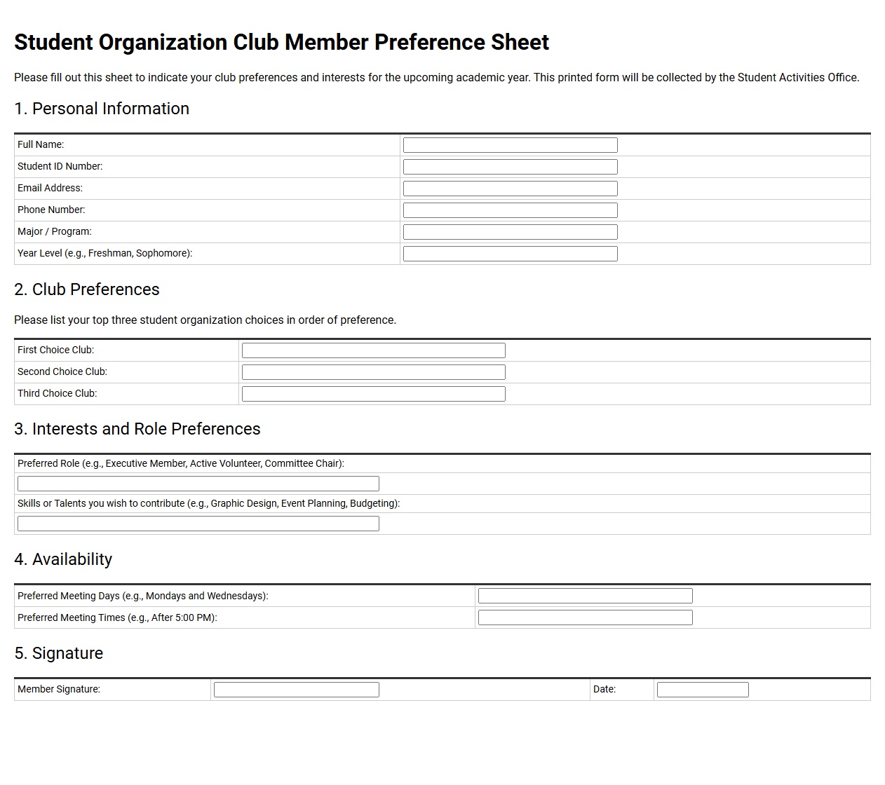 Student Organization Club Member Preference Sheet