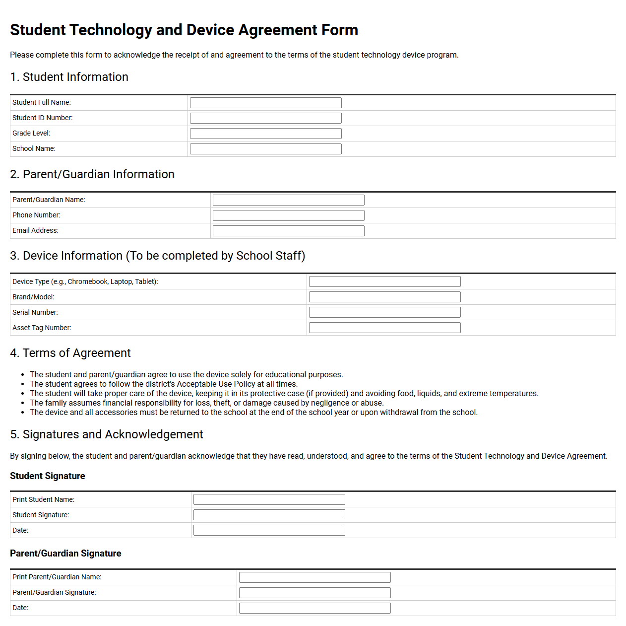 Student Technology and Device Agreement Form