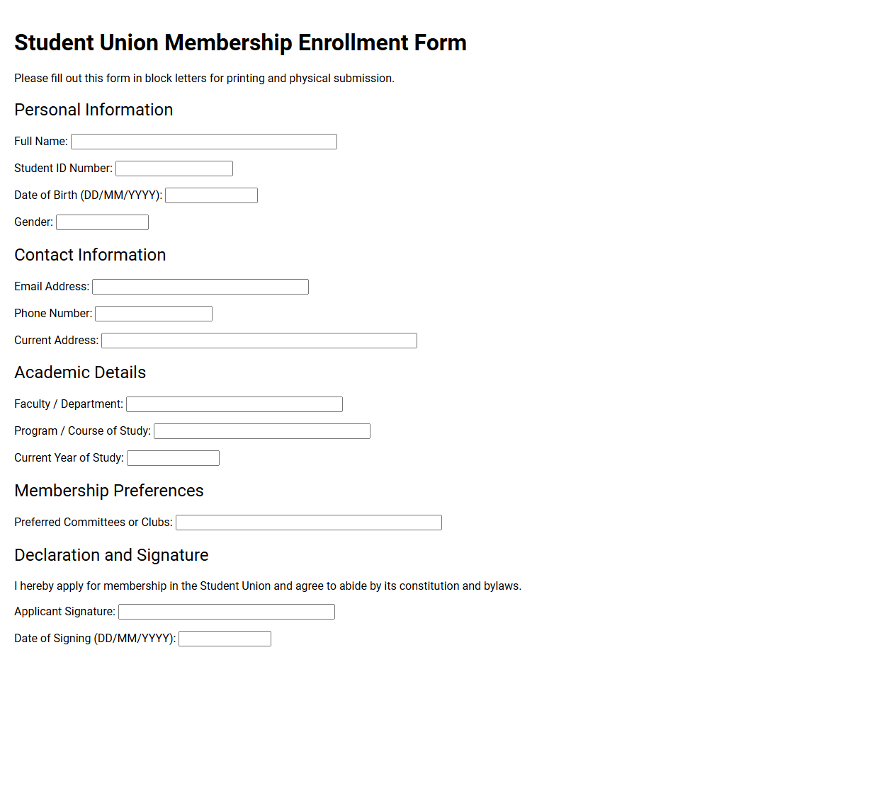 Student Union Membership Enrollment Form