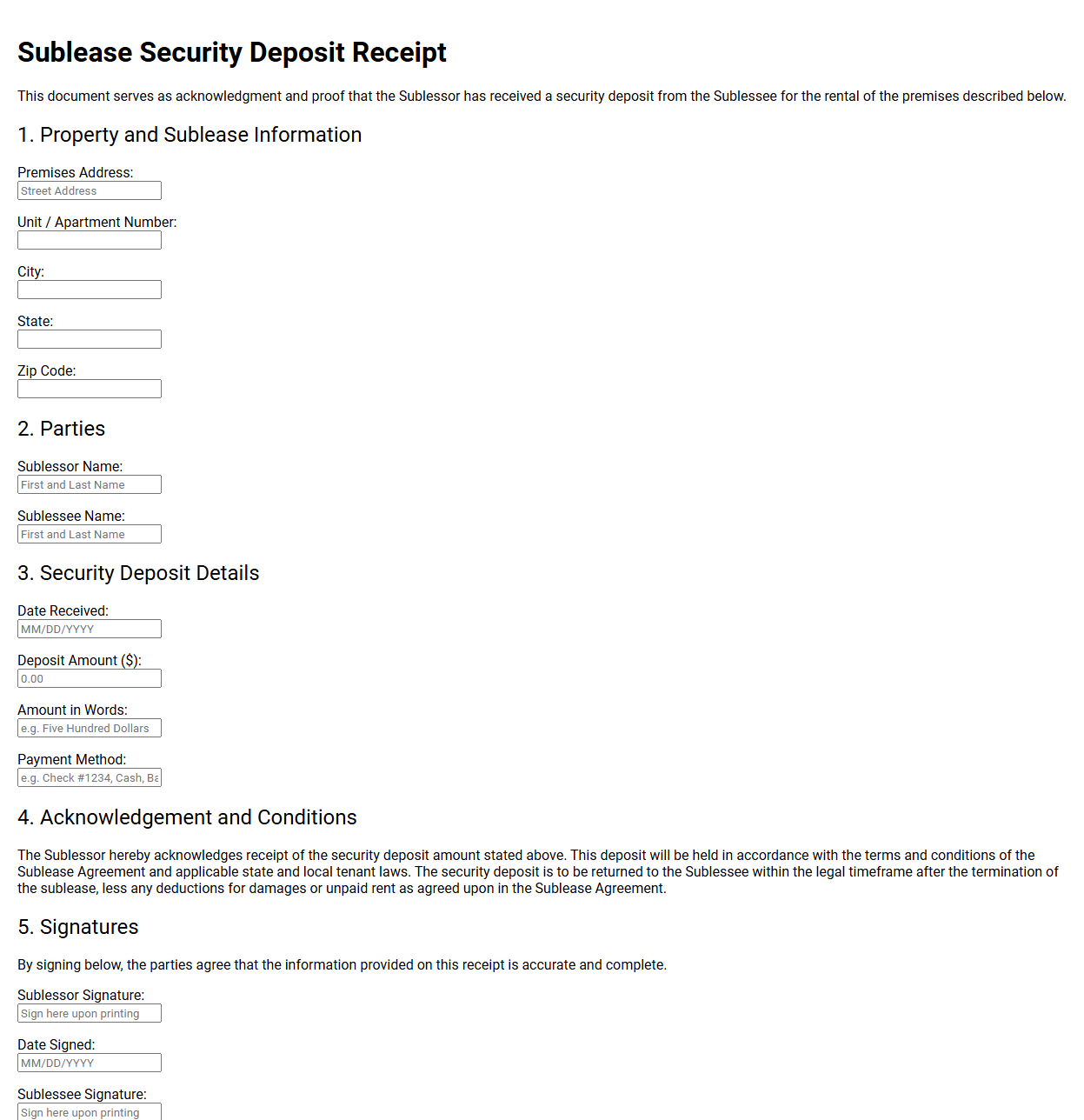 Sublease Security Deposit Receipt Form