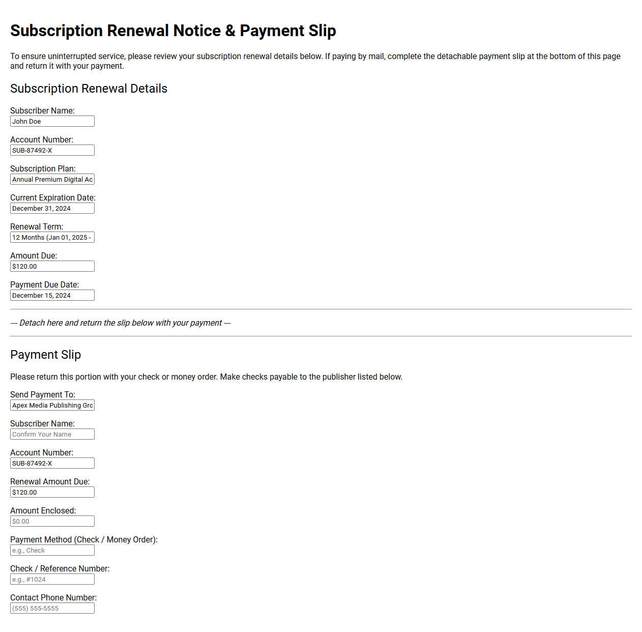 Subscription Renewal and Payment Slip Template