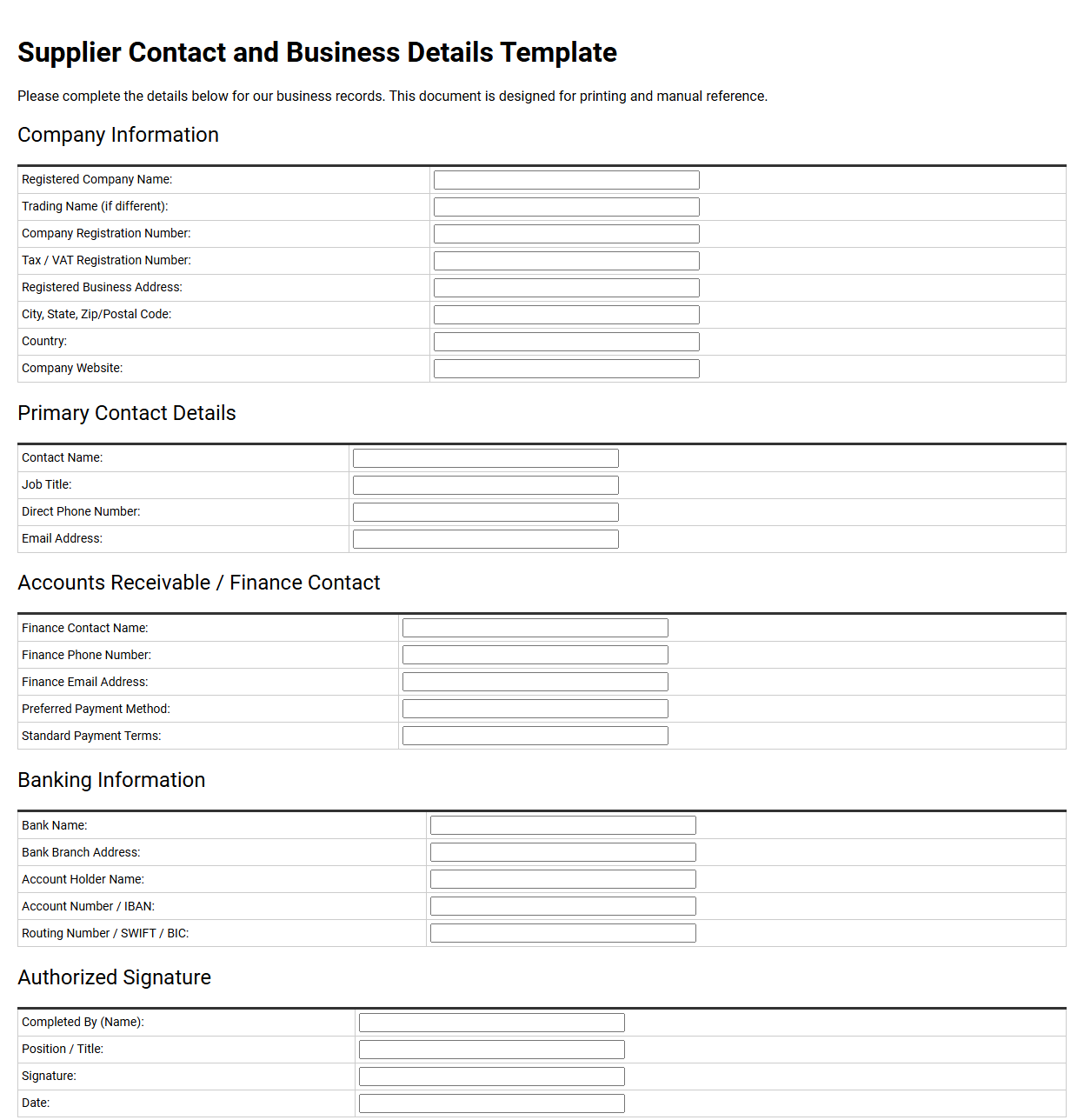 Supplier Contact and Business Details Template